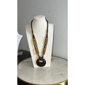 Pendant Necklace wood beads seed beads silver beads red EUC 12”